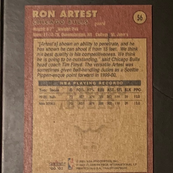 2000-2001 Fleer Tradition Ron Artest basketball card - Picture 2 of 2